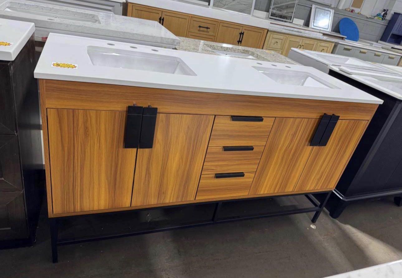 Teak Wood 60 in. X 22 in. Bathroom Vanity With White Quartz Double Sink Top