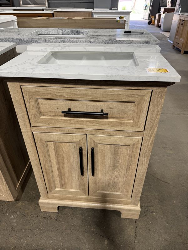 24 in. X 19 in. White Oak Bathroom Vanity With White Carrara Marble Sink Top