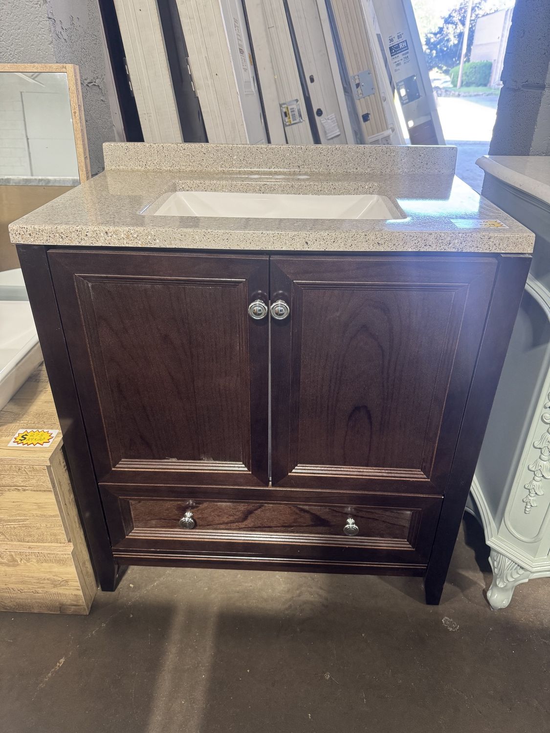 Dark Wood 30 in. X 19 in. Bathroom Vanity With Sand Cultured Marble Sink Top