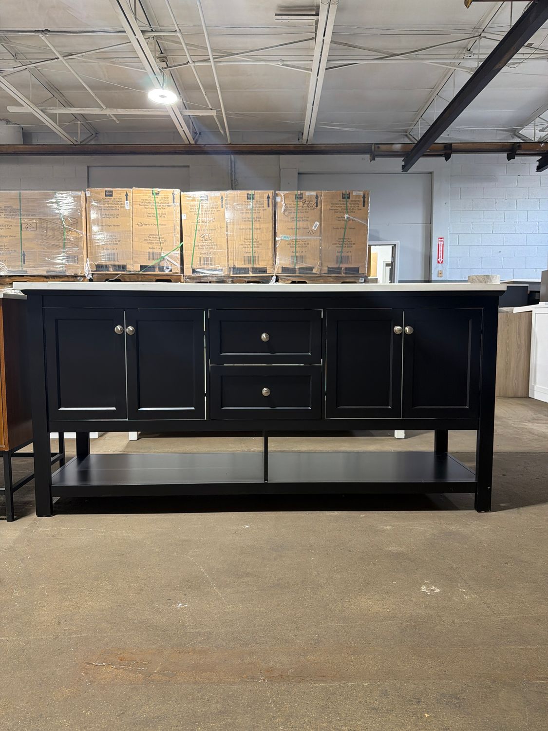 72 in. Black Open Shelf Vanity with White Top and Backsplash