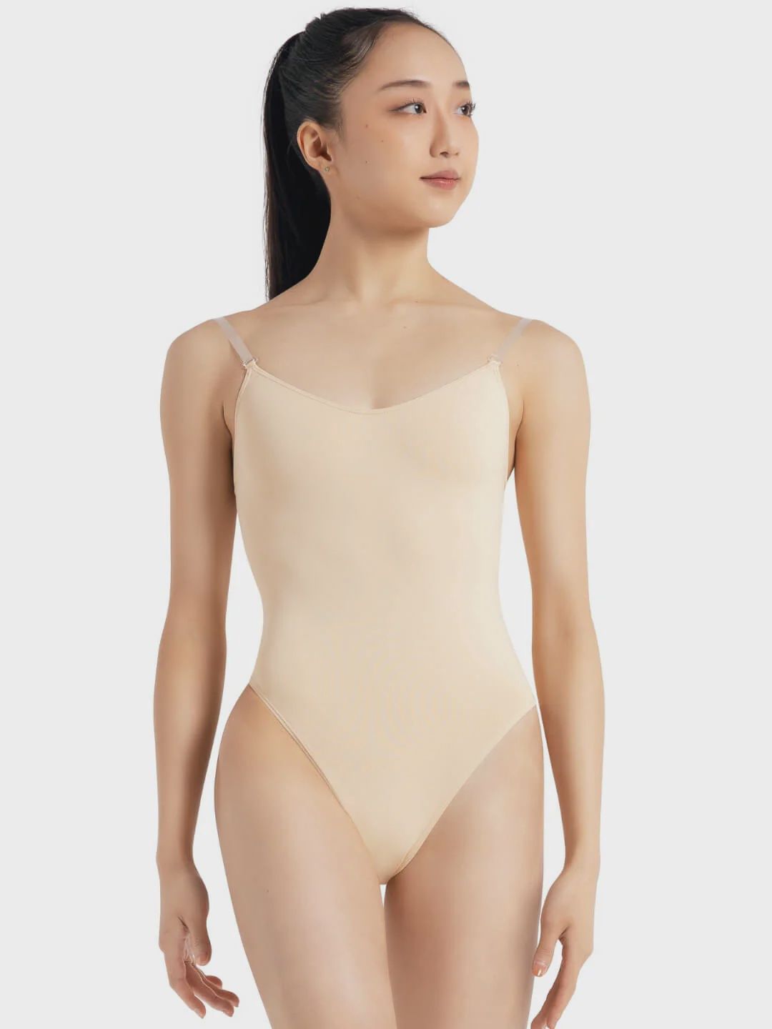 CAMISOLE LEOTARD W/ CLEAR TRANSITION STRAPS, Color: Nude, Size: X-SM