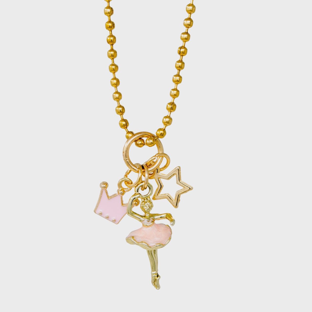 Ballerina, Crown &amp; Star Gold Charm Necklace- Gold Plated