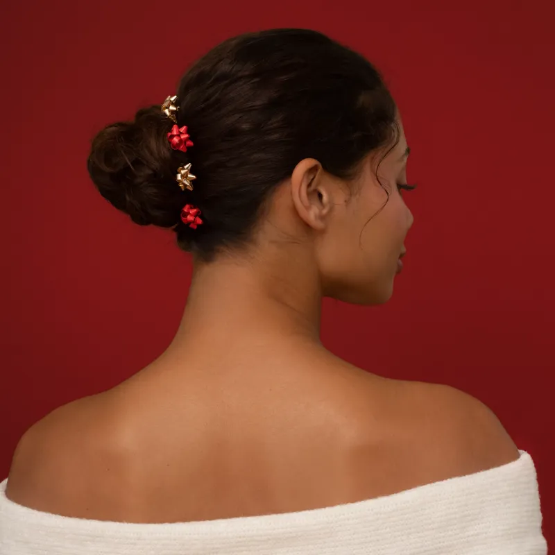 Metal Gift Bow Bobby Pins 4pc Set - Red &amp; Gold