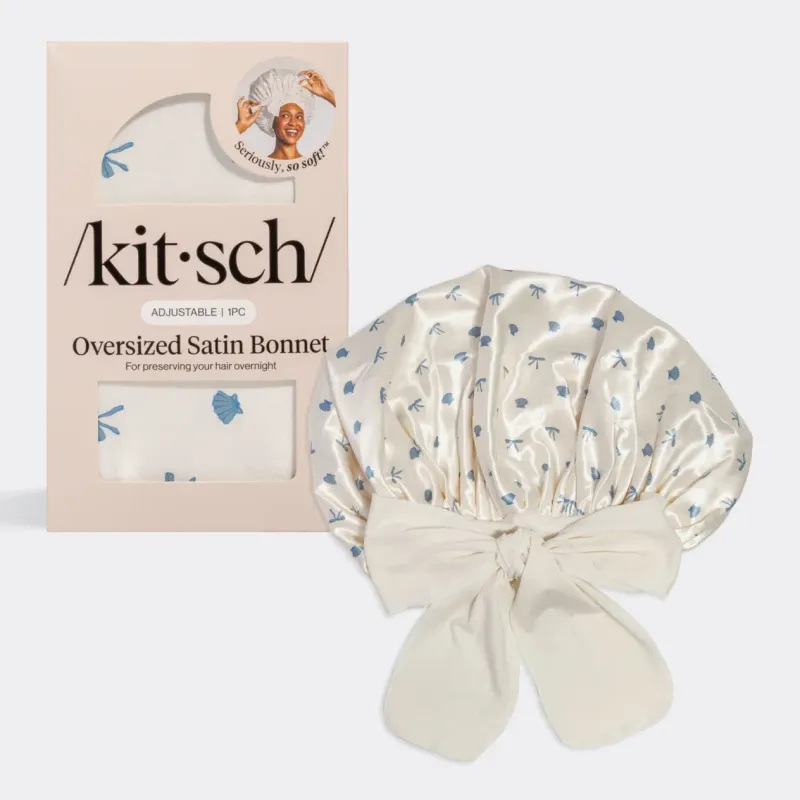Oversized Satin Bonnet - Pearlized Cream &amp; Coastal Blue Print