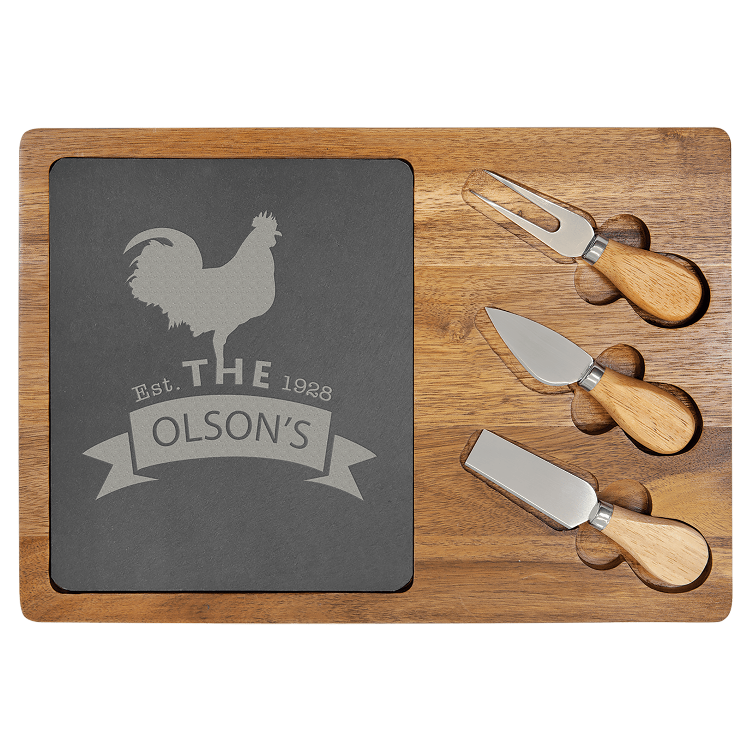 13 3/4" x 9 3/4" Acacia Wood/Slate Rectangle Cheese Set with Three Tools