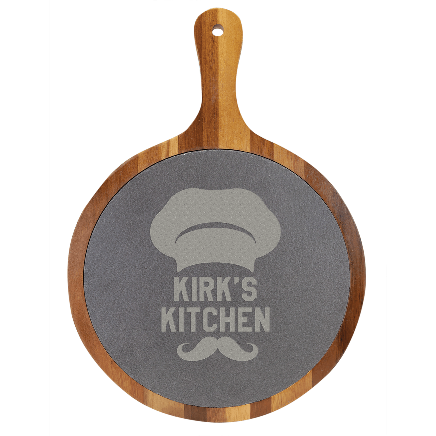 10 1/2 10 1/2" x 14 1/2" Round Acacia Wood/Slate Serving Board with Handle