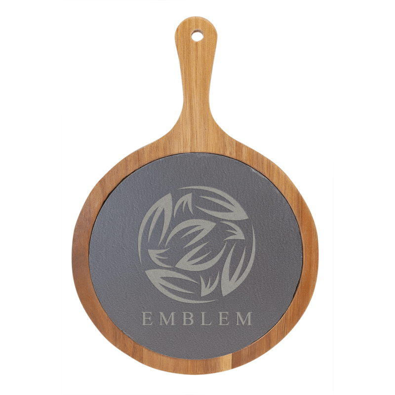 8 1/4" x 12 1/4" Round Acacia Wood/Slate Serving Board with Handle