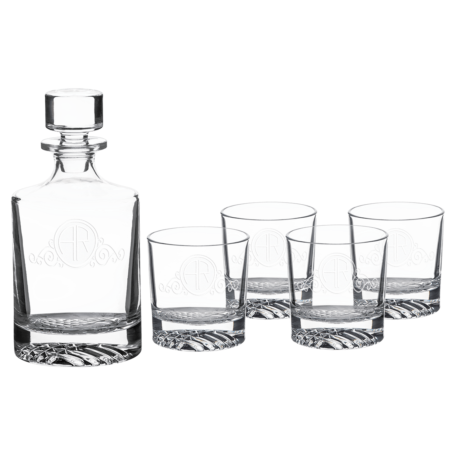 850mL Round Glass Decanter Set with Four 9 oz. Rocks Glasses in Black Gift Box with Printed Paper Sleeve