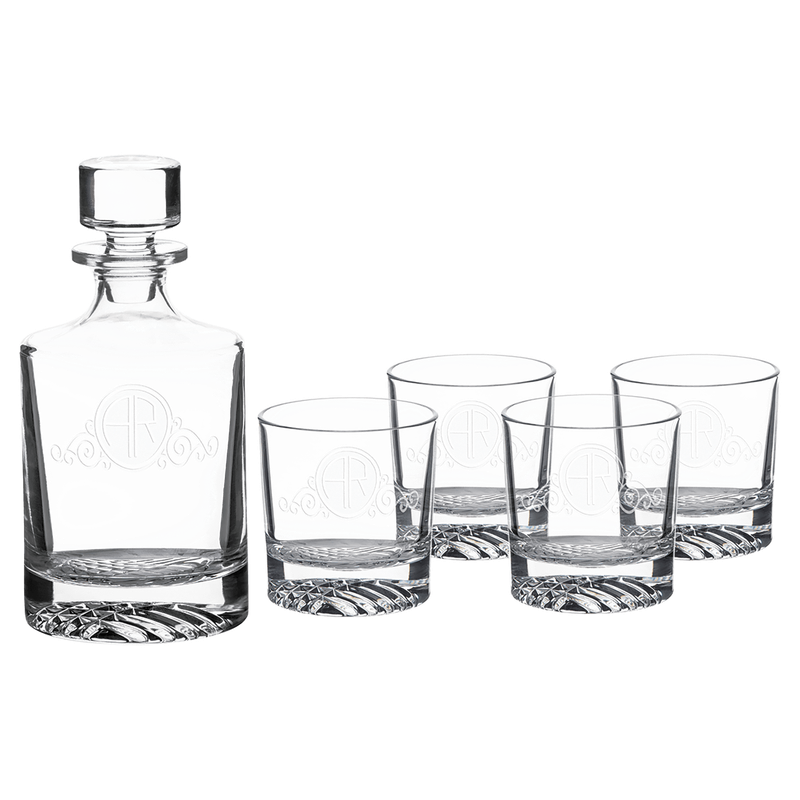 850mL Round Glass Decanter Set with Four 9 oz. Rocks Glasses in Black Gift Box with Printed Paper Sleeve