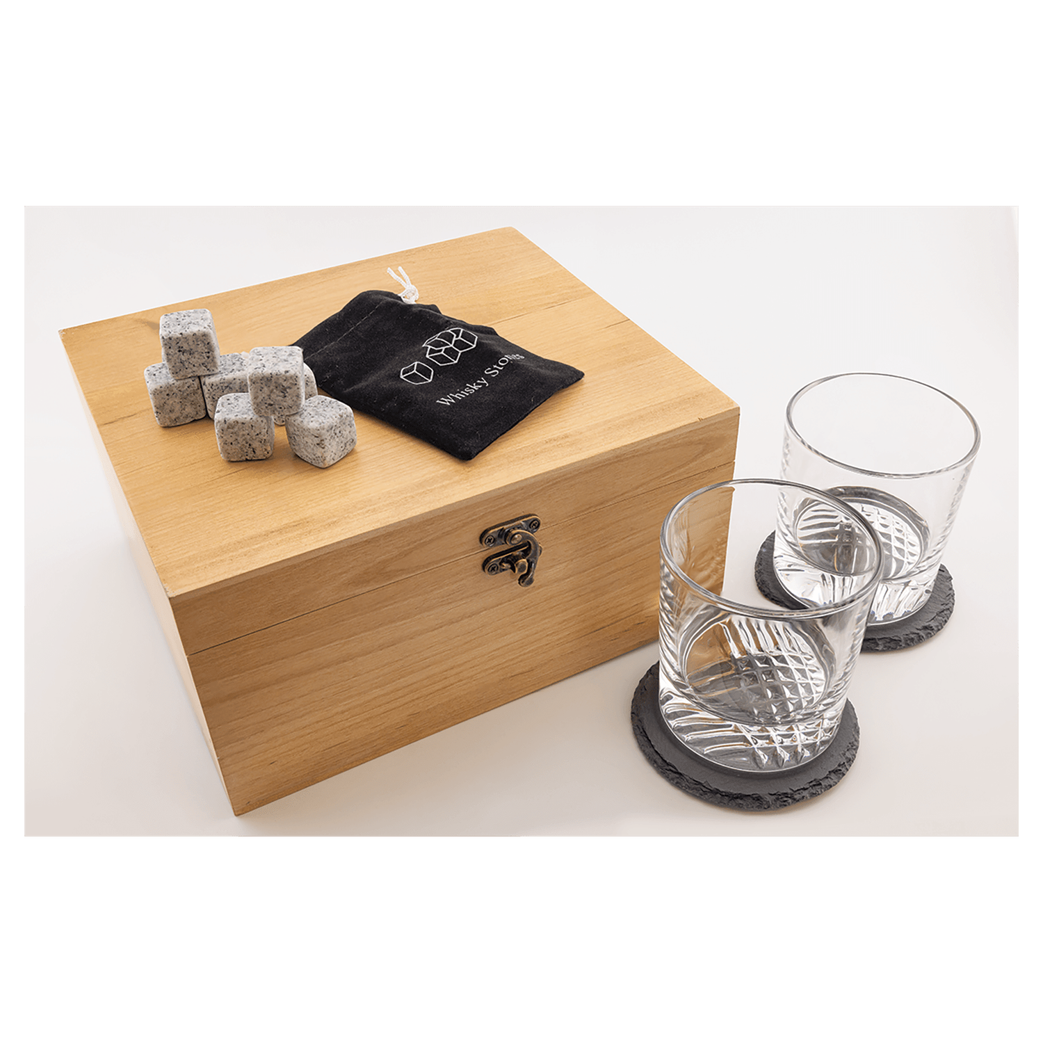 Red Alder Whiskey Set with Two 9 oz. Glasses, Two 4 Red Alder Whiskey Set with Two 9 oz. Glasses, Two 4" Slate Coasters, and Eight Granite Whiskey Stones with a Black Velvet Bag