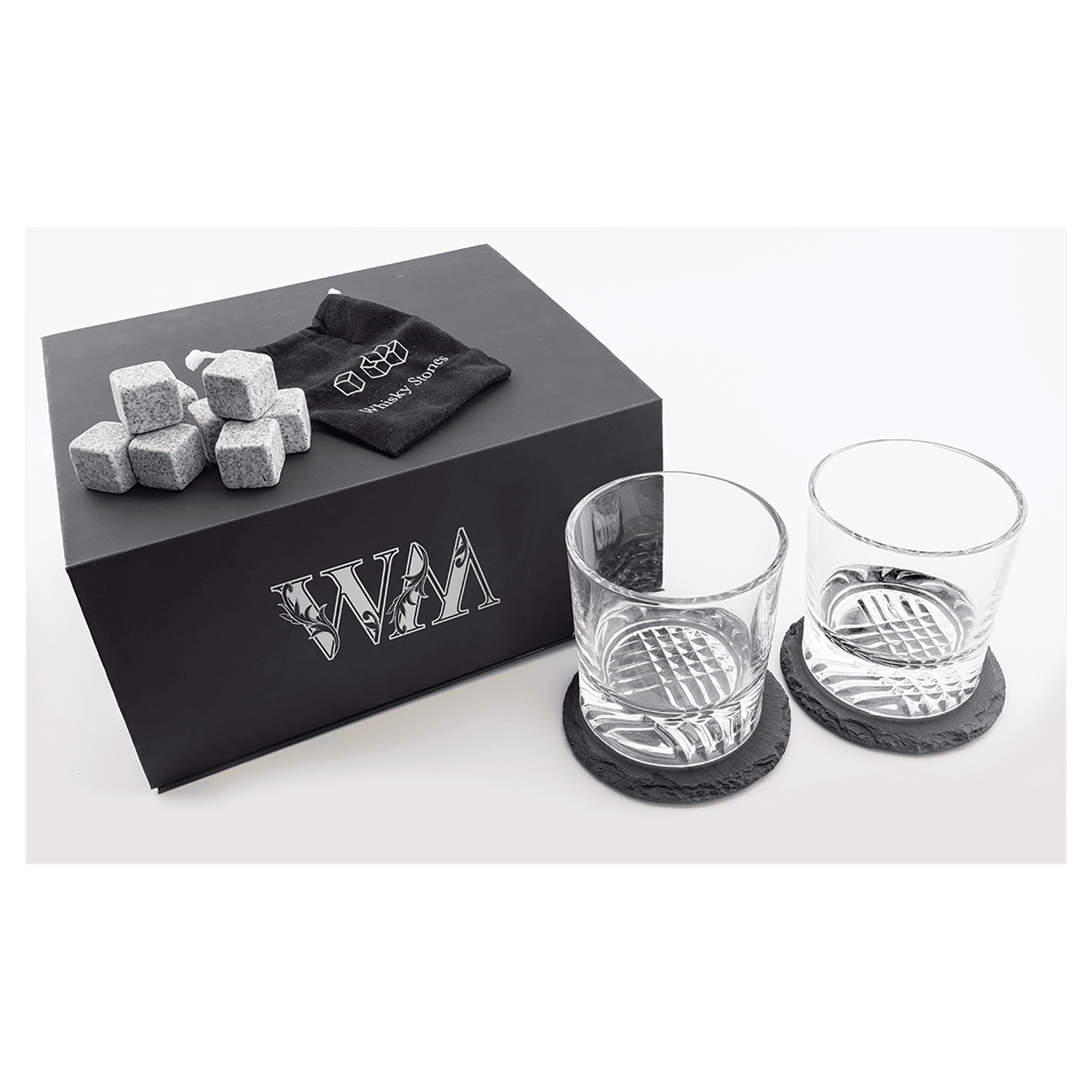 Lazerburst Whiskey Set with Two 9 oz. Glasses, Two 4 Lazerburst Whiskey Set with Two 9 oz. Glasses, Two 4" Slate Coasters, and Eight Granite Whiskey Stones with a Black Velvet Bag