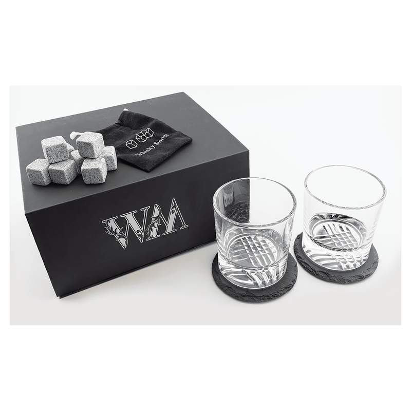 Lazerburst Whiskey Set with Two 9 oz. Glasses, Two 4" Slate Coasters, and Eight Granite Whiskey Stones with a Black Velvet Bag