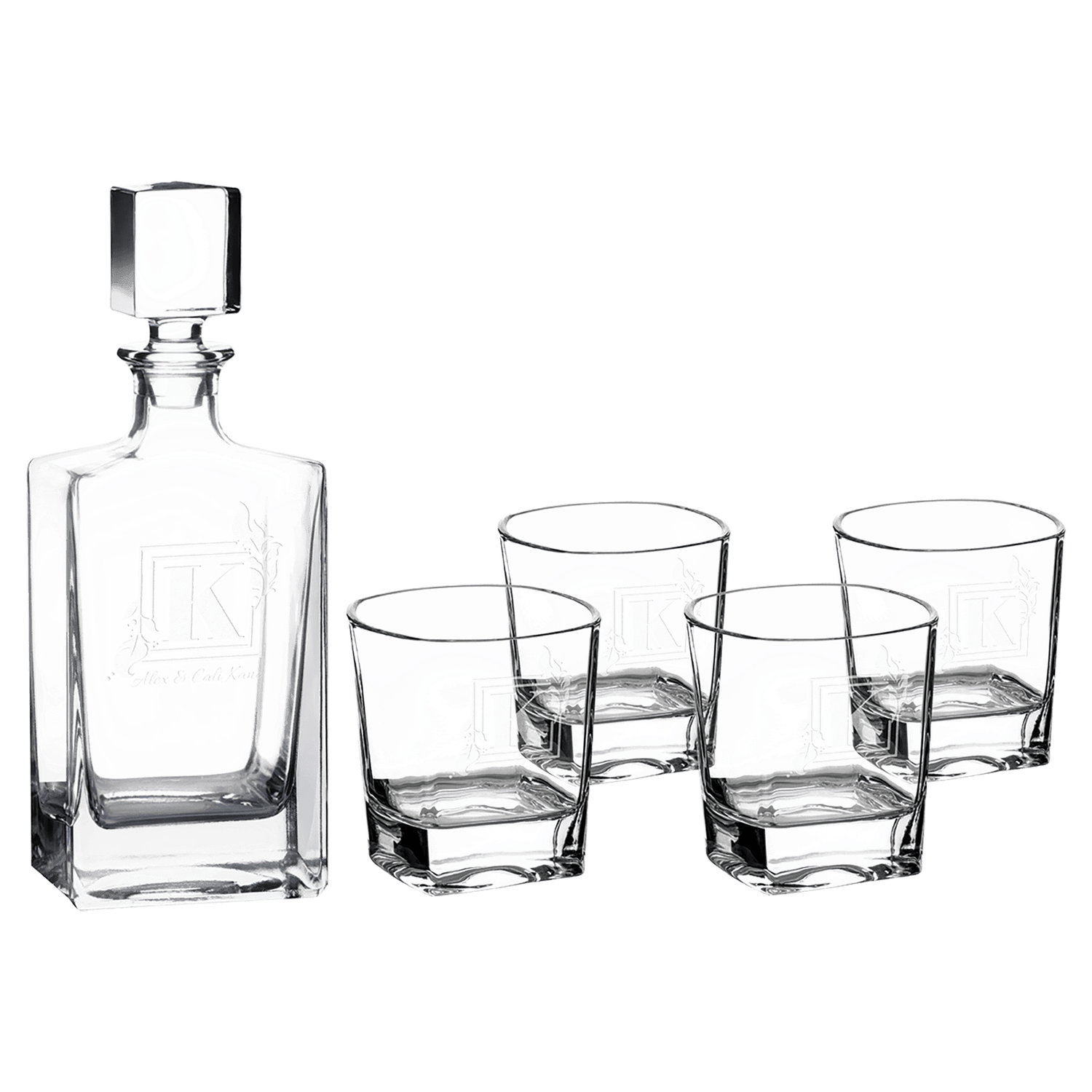 810mL Rectangle Glass Decanter Set with Four 8 oz. Rocks Glasses in Black Gift Box with Printed Paper Sleeve