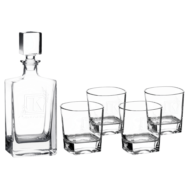 810mL Rectangle Glass Decanter Set with Four 8 oz. Rocks Glasses in Black Gift Box with Printed Paper Sleeve