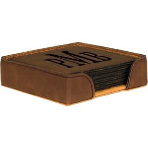 4" x 4" Dark Brown Square Laserable Leatherette 6-Coaster Set