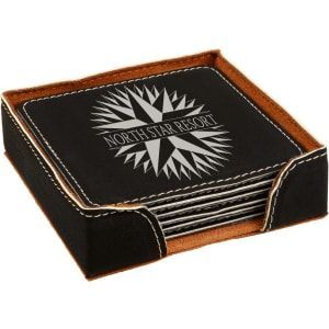 4" x 4" Black/Silver Square Laserable Leatherette 6-Coaster Set