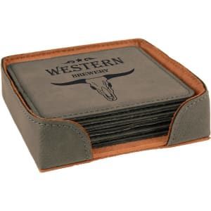 4" x 4" Gray Square Laserable Leatherette 6-Coaster Set