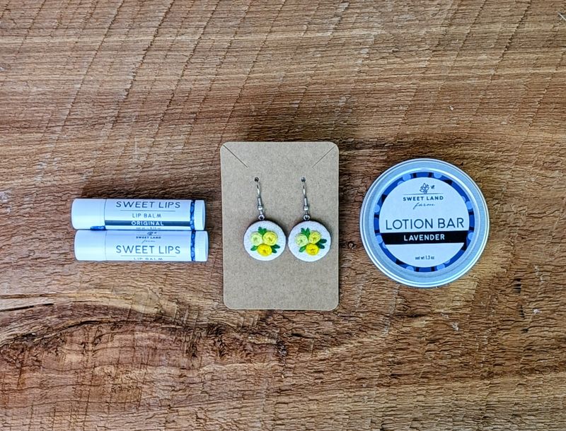 Embroidered Earrings, Lotion Bar Gift Bag (No Card)