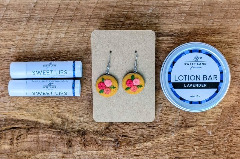 Embroidered Earrings, Lotion Bar Gift Bag (No Card)