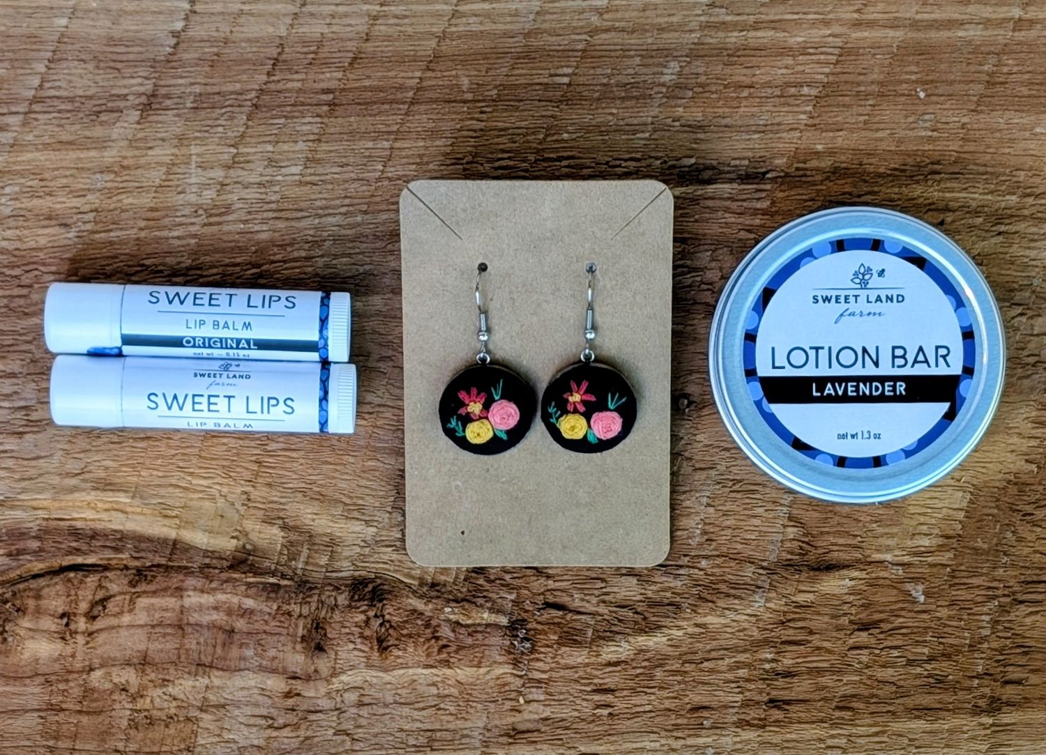 Embroidered Earrings, Lotion Bar Gift Bag (No Card)
