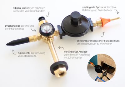 Doppelventil mit Druckminderer und Manometer für Folien- und Latexballons mit PSI Anzeige