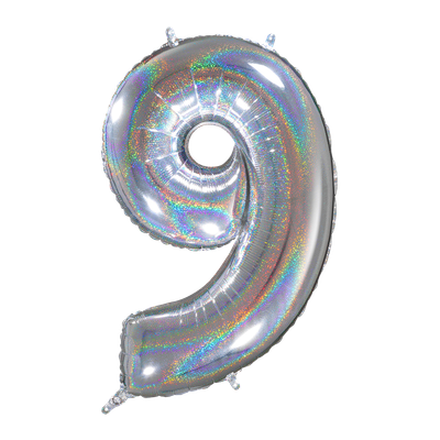 Zahl 9 - Silber Holographic - Ø 66 cm - 5 Ballons