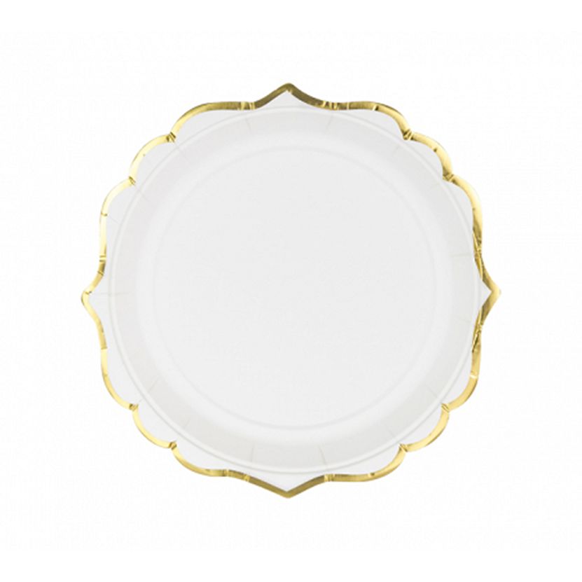 6 Pappteller - Weiß mit goldenem Rand - 5 Stück