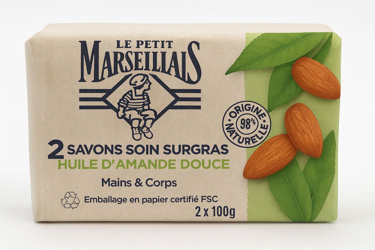 Savon solide main & corps Surgras huile d'amande douce 2x100g Savon solide main & corps Surgras huile d'amande douce 2x100g