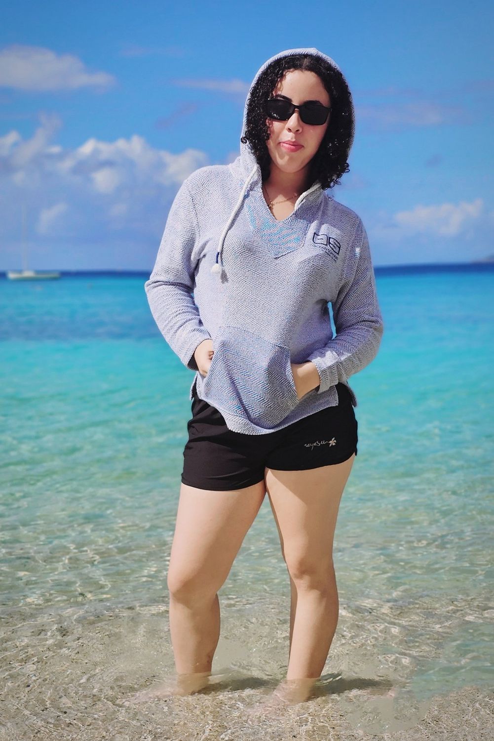 Ladies Waffle Knit Baja Denim/Ivory