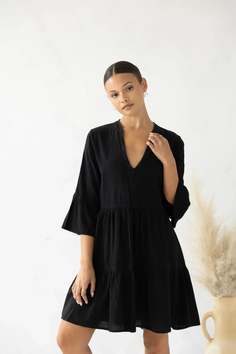 Women&#39;s V Line Dress w/Crochet - Black