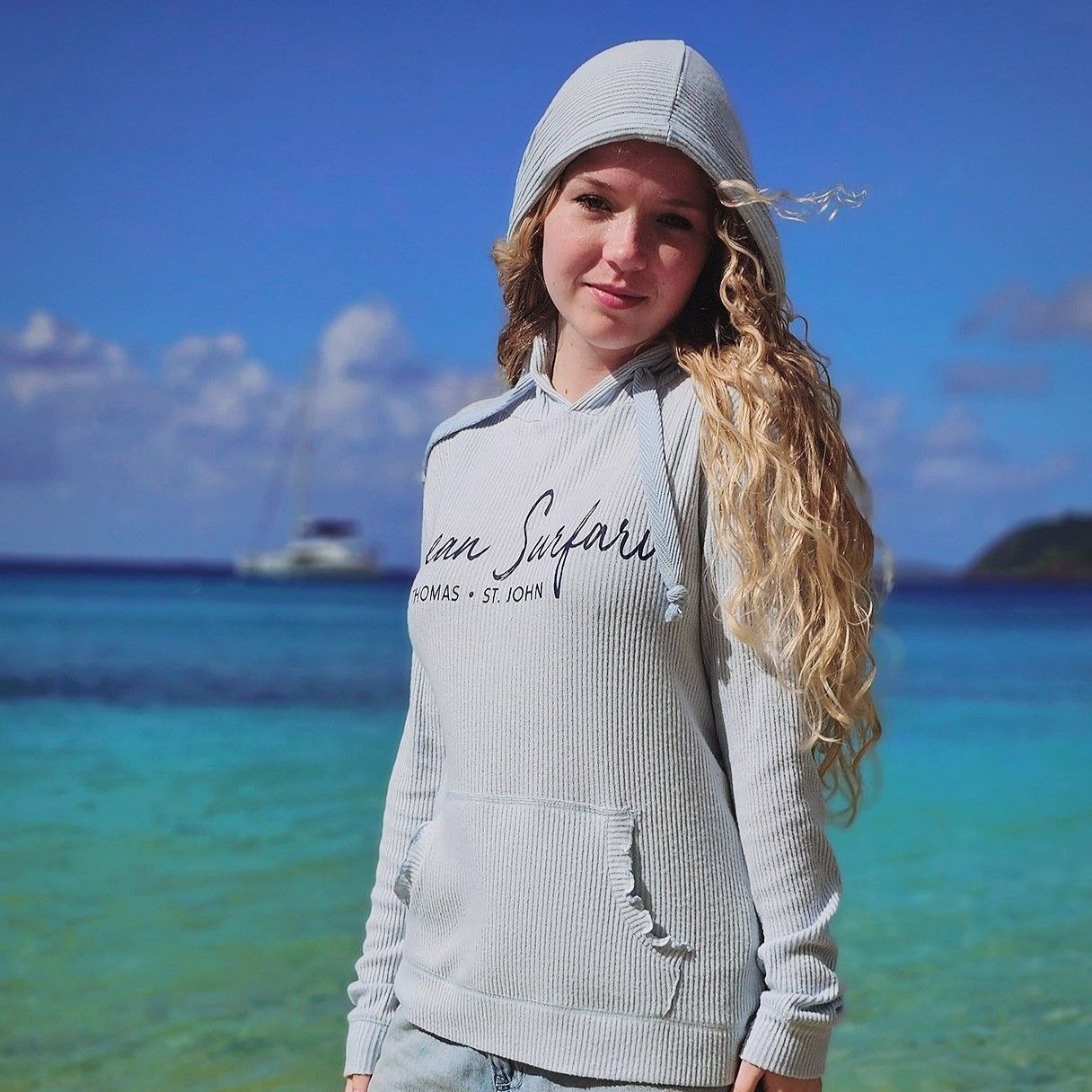 Ladies Rib Hacci Lettuce Edge Hoodie Laguna Blue
