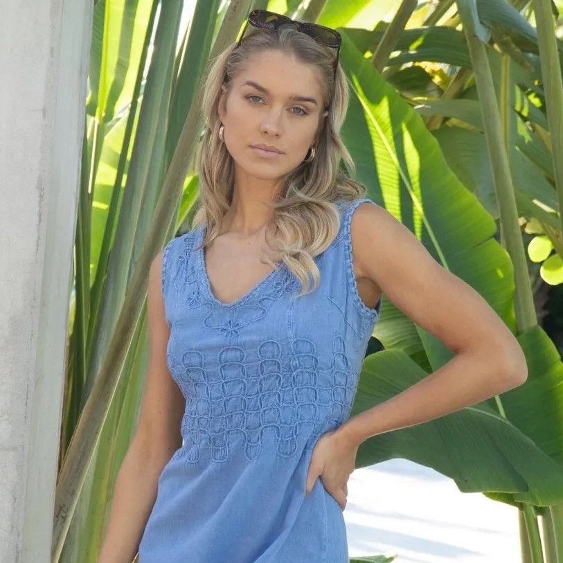 Women&#39;s V Neck Dress w/ Embroidered Detail  - Denim