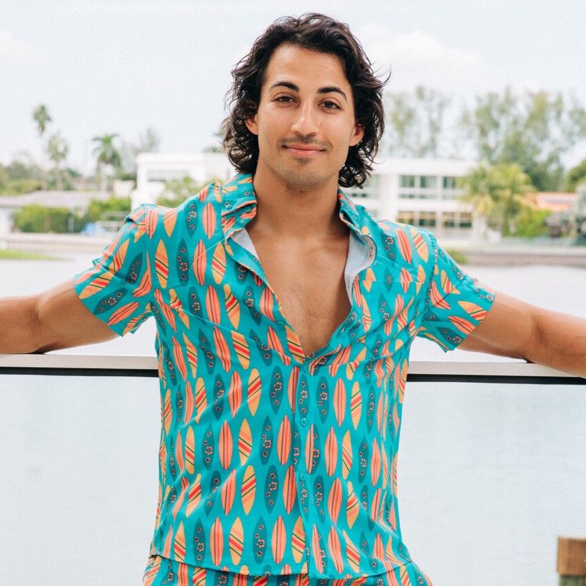 Men&#39;s Button Down Shirt Turq. Multi Surf Board