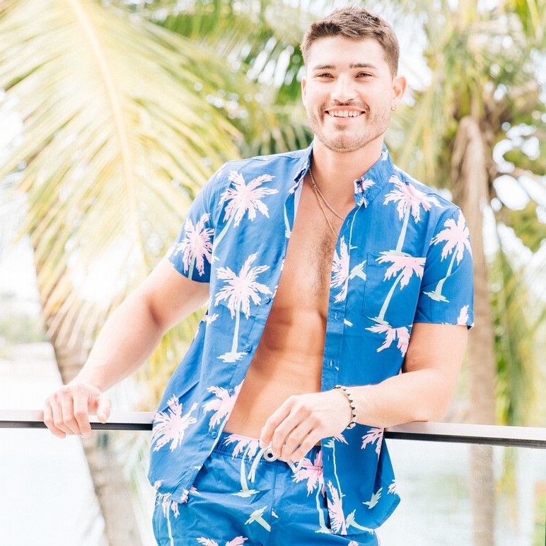 Men&#39;s Button Down Shirt Blue/Pink Palm Trees