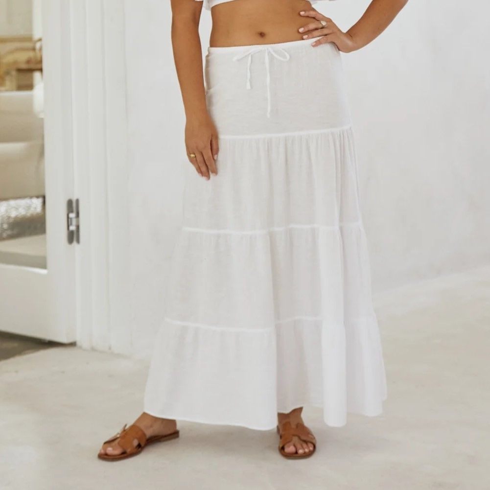 Women&#39;s Drawstring Flowy Skirt - White