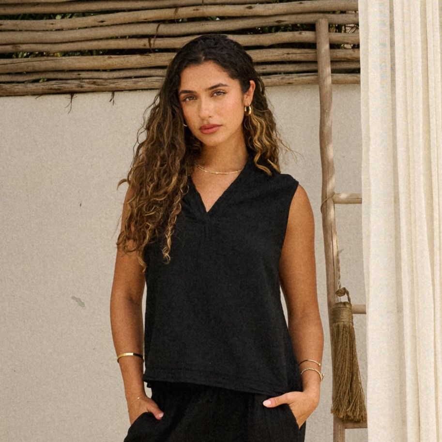 Women&#39;s Collared Tank with Crochet Detail - Black