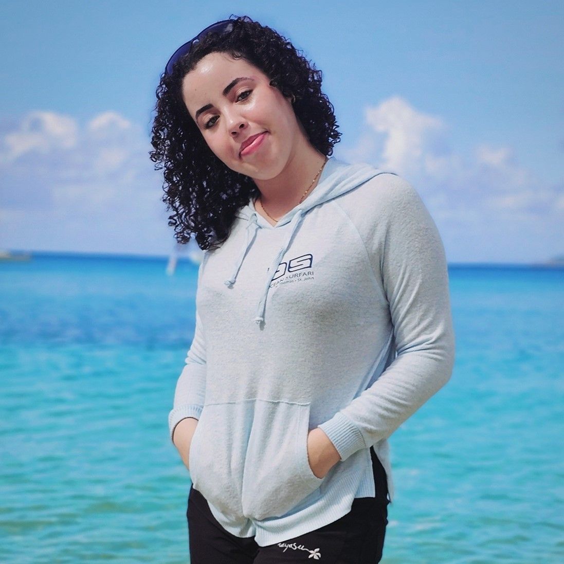 Ladies Brushed Hacci Side Slit Hoodie HTR Sky Blue