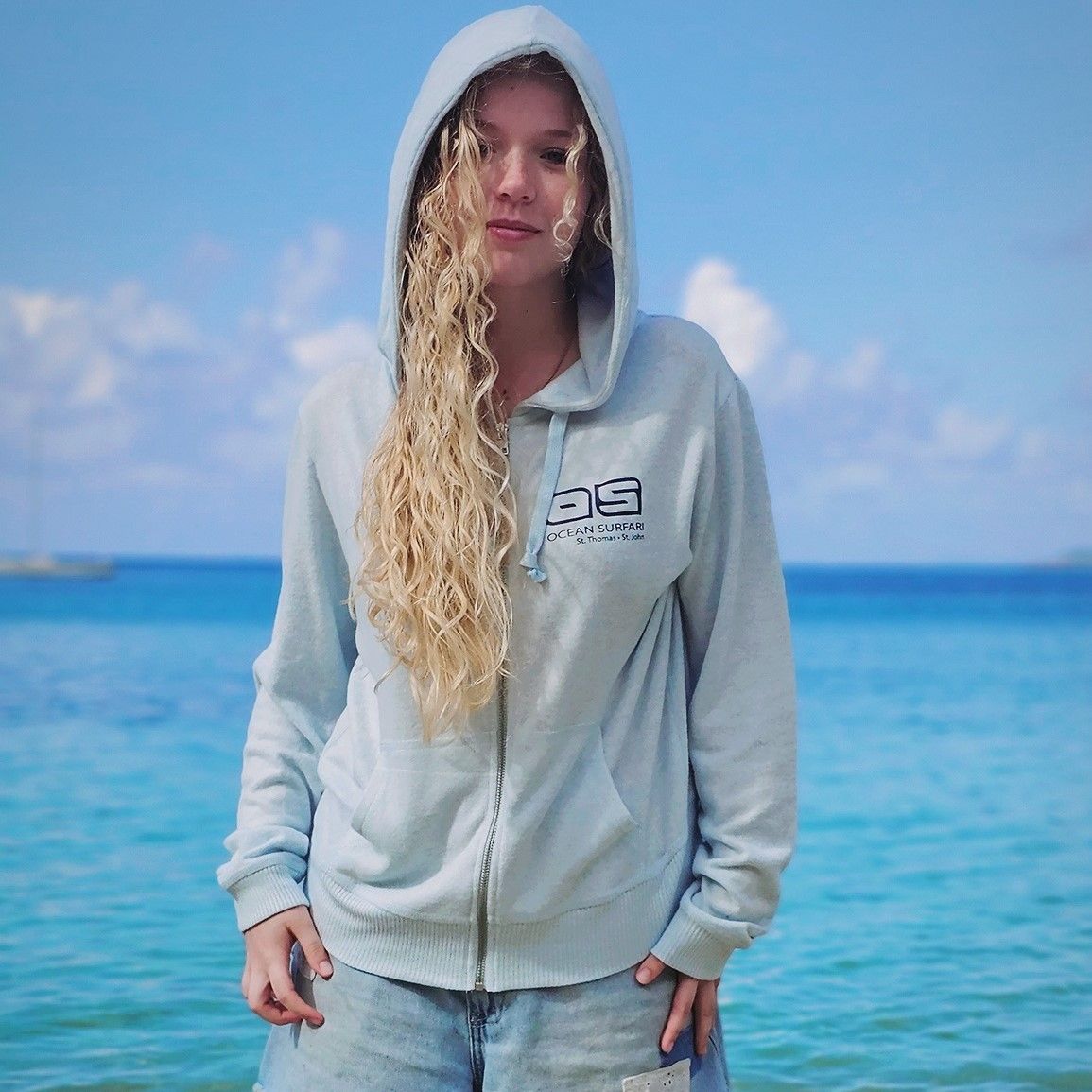Ladies Brushed Hacci Zip Hoodie Heather Sky Blue