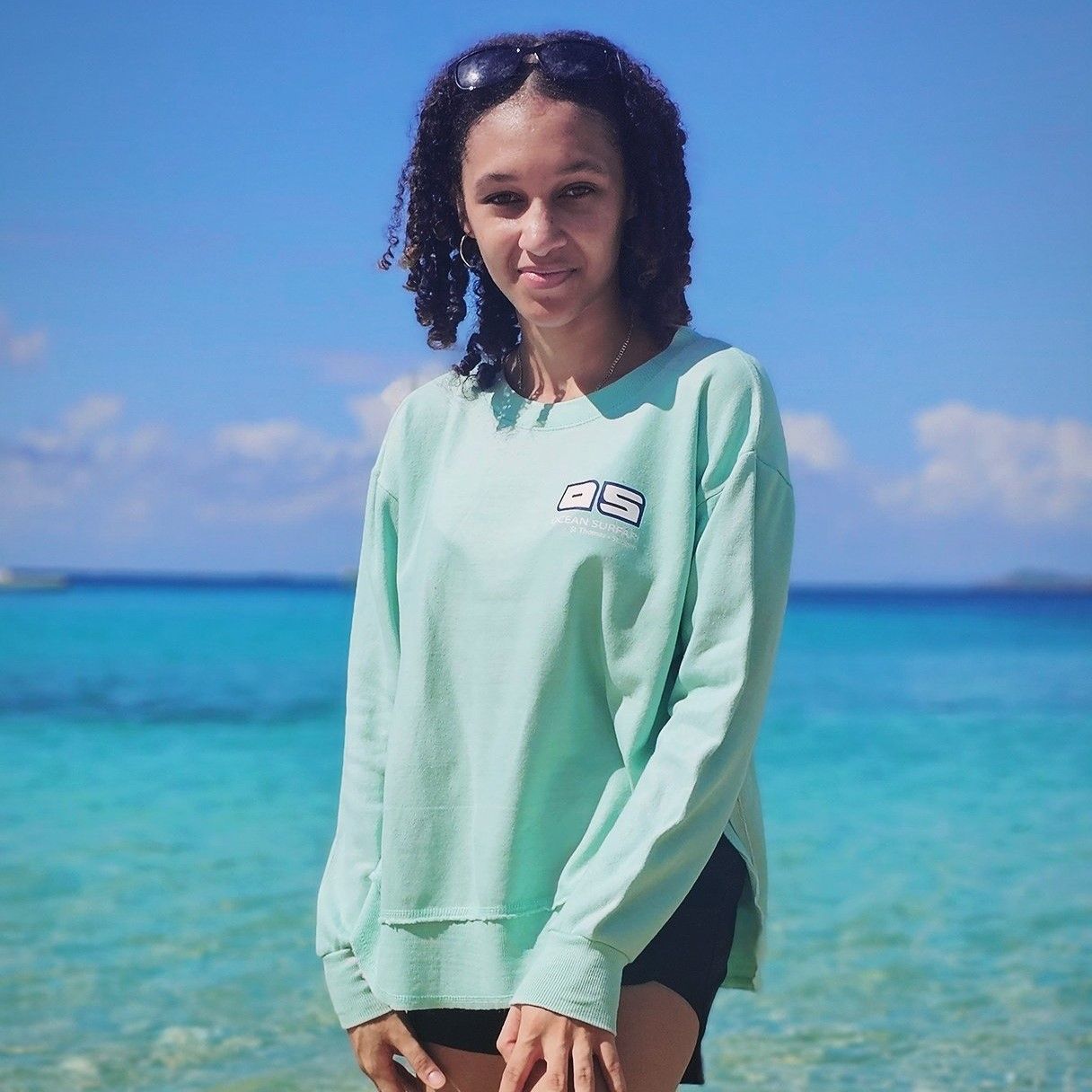 Ladies Burnout Round Hem Crewneck Minty Bay