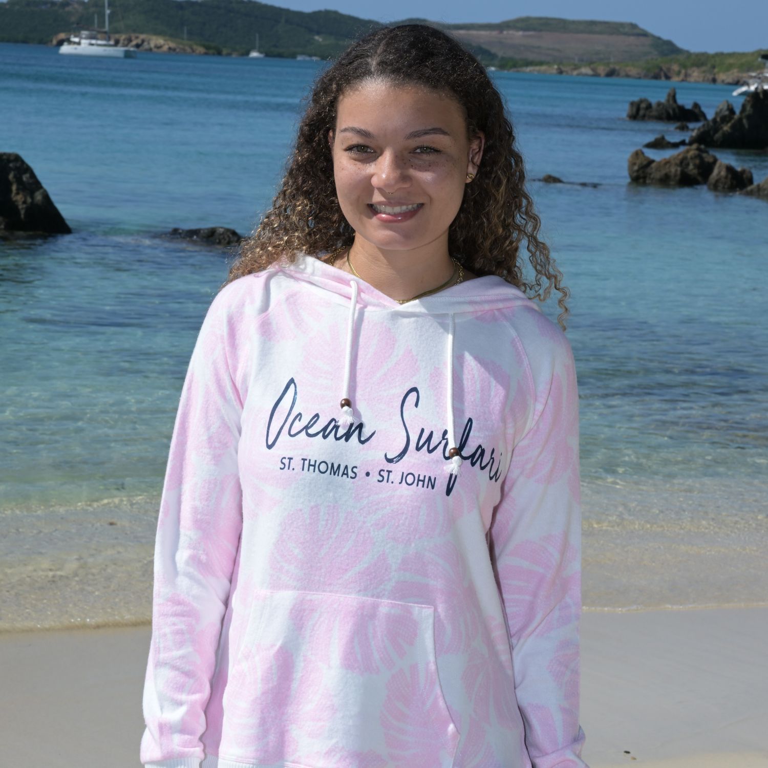 Ladies Palm Leaf Hacci Hoodie Paradise Pink