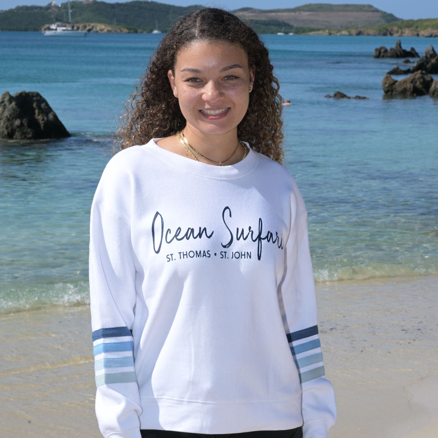 Ladies Heather Fleece Crewneck White w/Blue Stripes