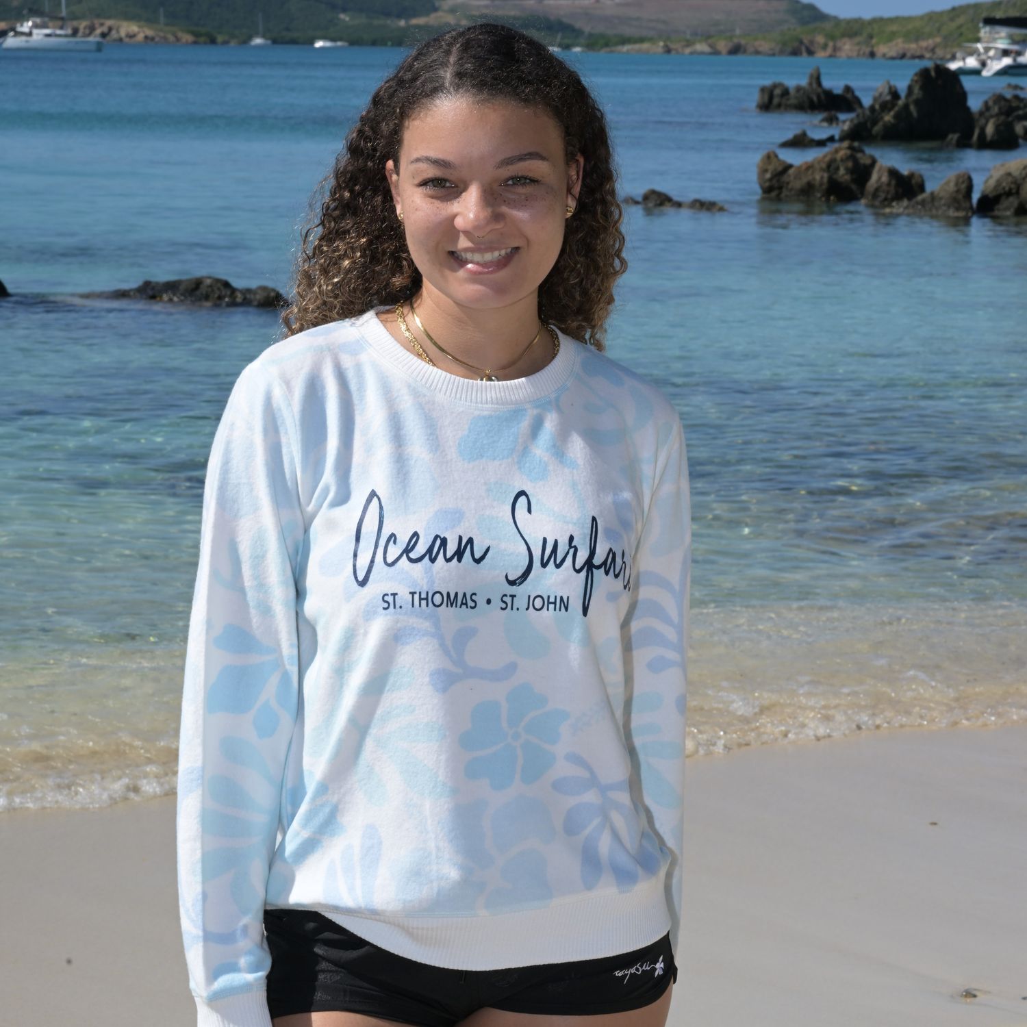 Ladies Retro Hibiscus Hacci Crewneck Blue