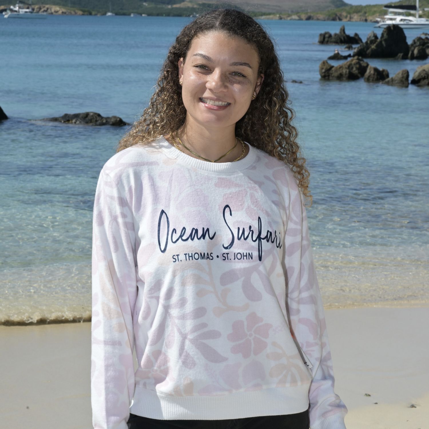 Ladies Retro Hibiscus Hacci Crewneck Pink