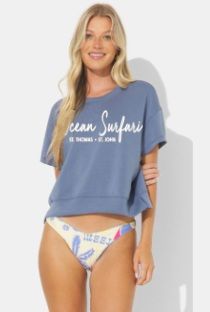 Ladies Cloud Fleece Cropped Tee - Blue Jean