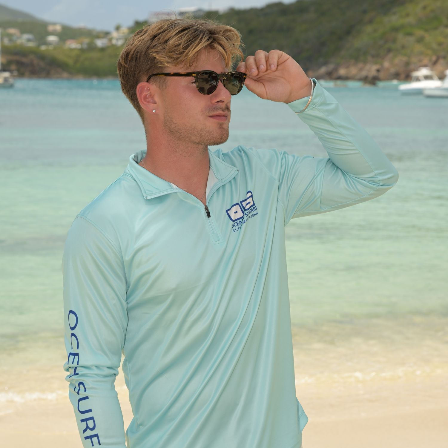 OS SPF 50+ Performance 1/4 Zip Men&#39;s LS SB Aqua Blue