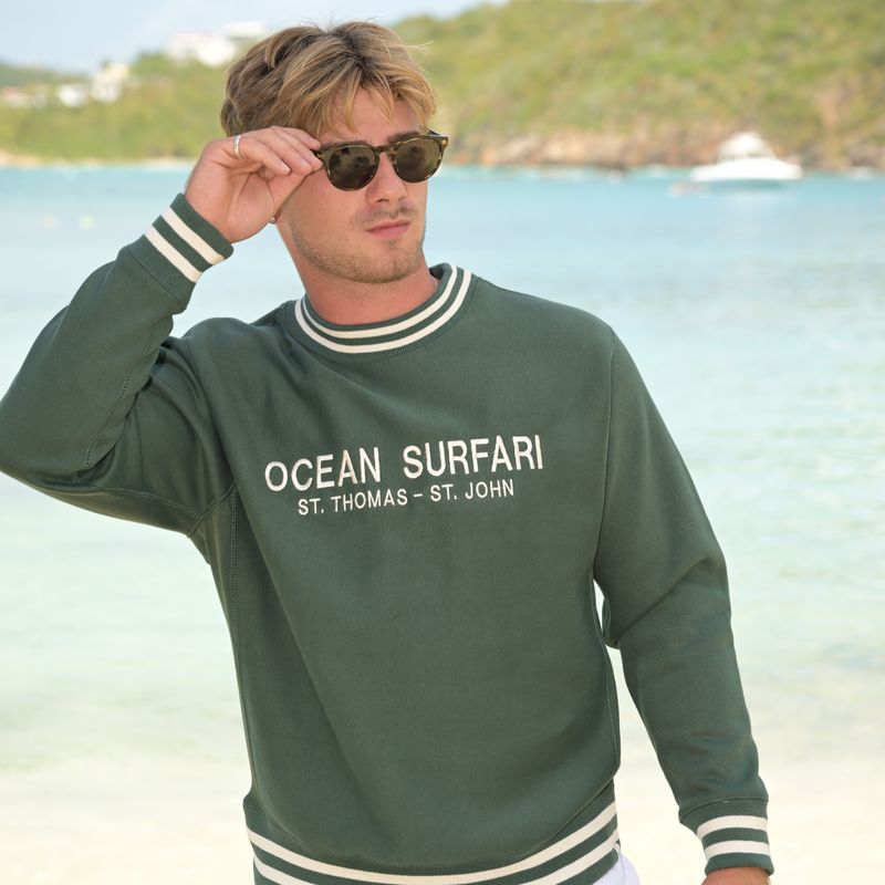 Men's USVI College Stripe Crewneck - Forest/Ivory