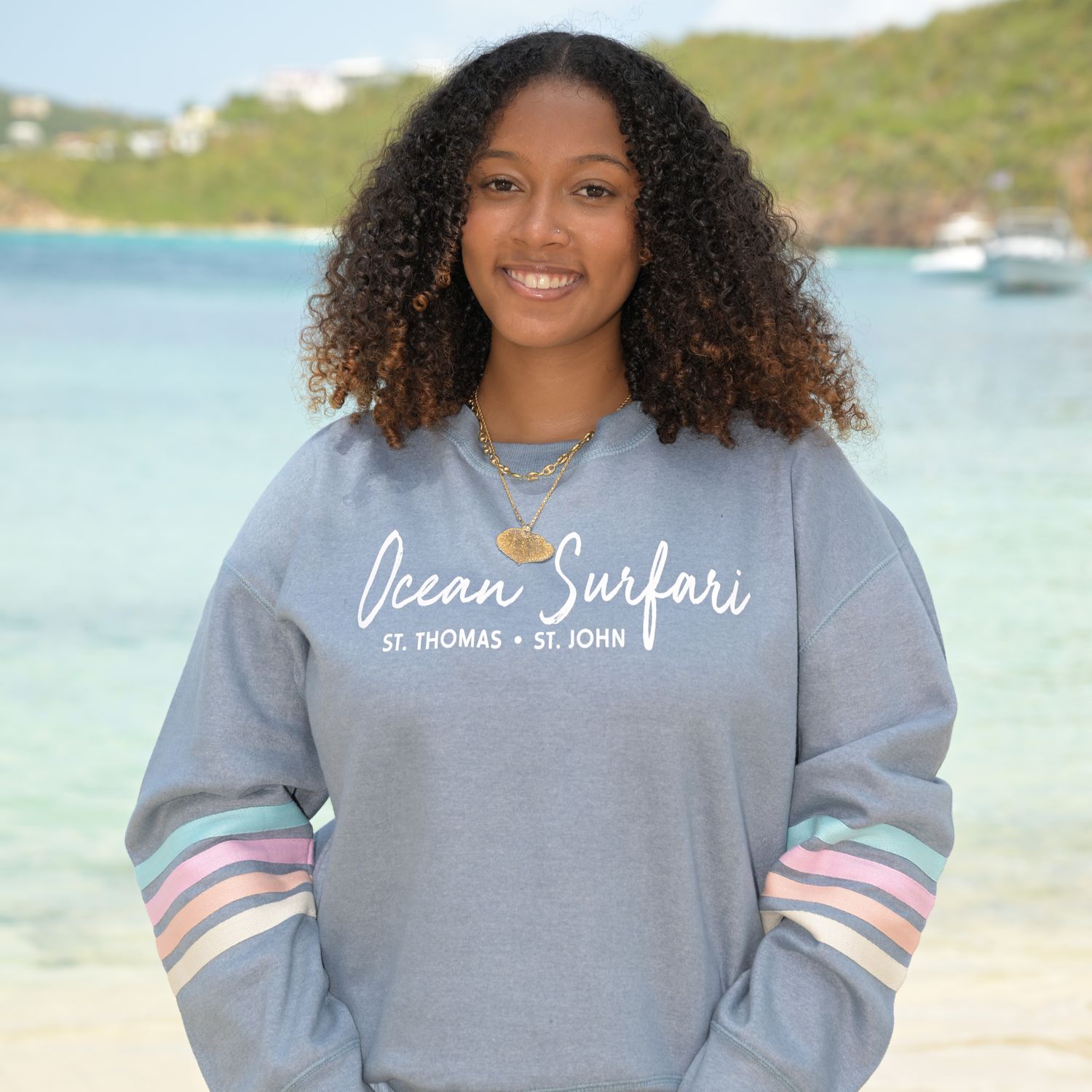 Ladies Heather Fleece Crewneck Denim w/Pastel Stripes