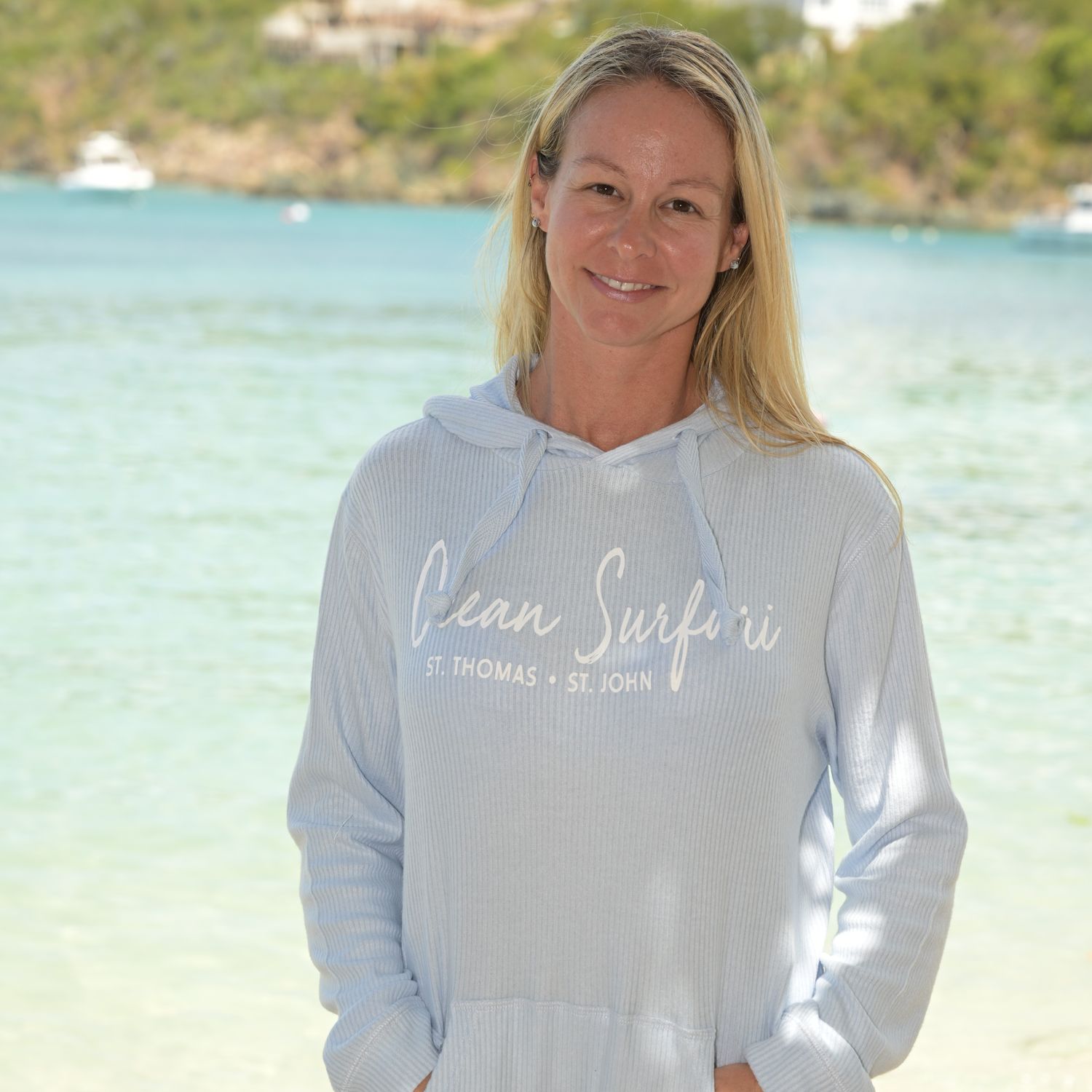 Ladies Rib Hacci Lettuce Edge Hoodie Sky Blue