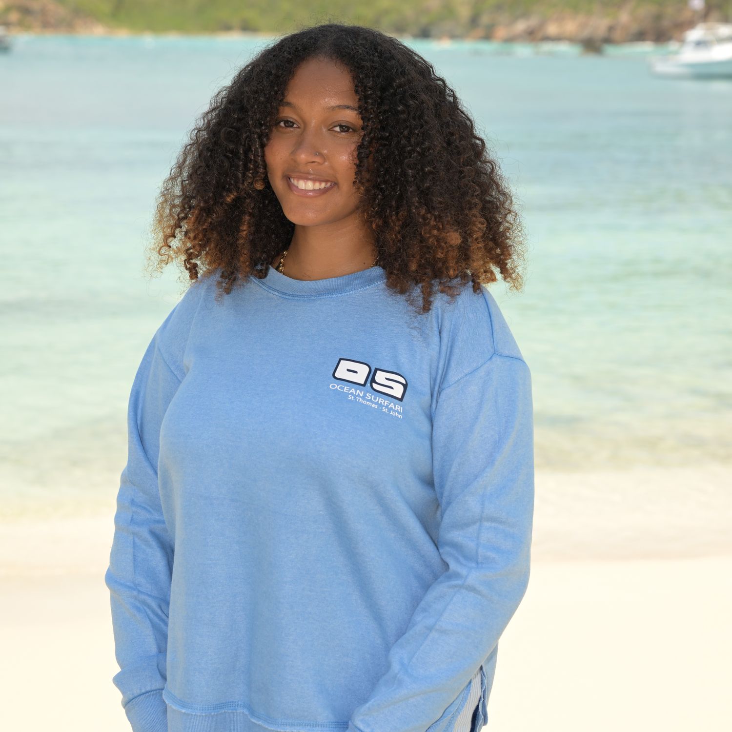 Ladies Burnout Round Hem Crewneck Capri Blue