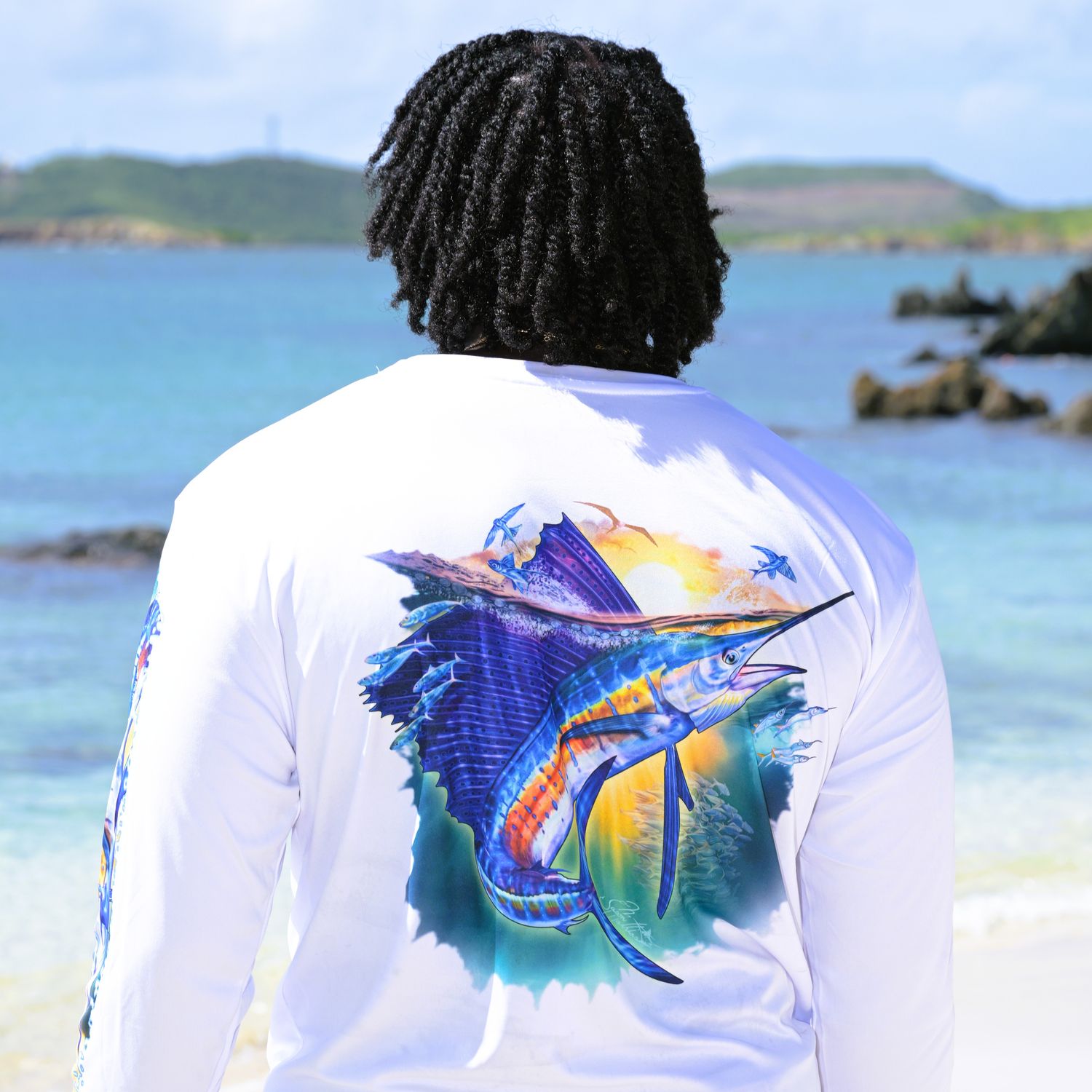 OS SPF 50+ Performance Men&#39;s LS Sunset Sailfish White